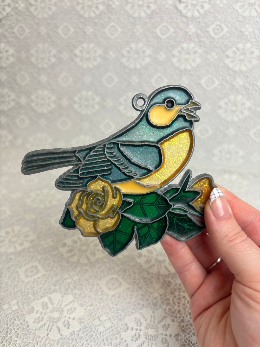 Vintage Glitter Bird & Yellow Rose Suncatcher Ornament Stained Glass Style
